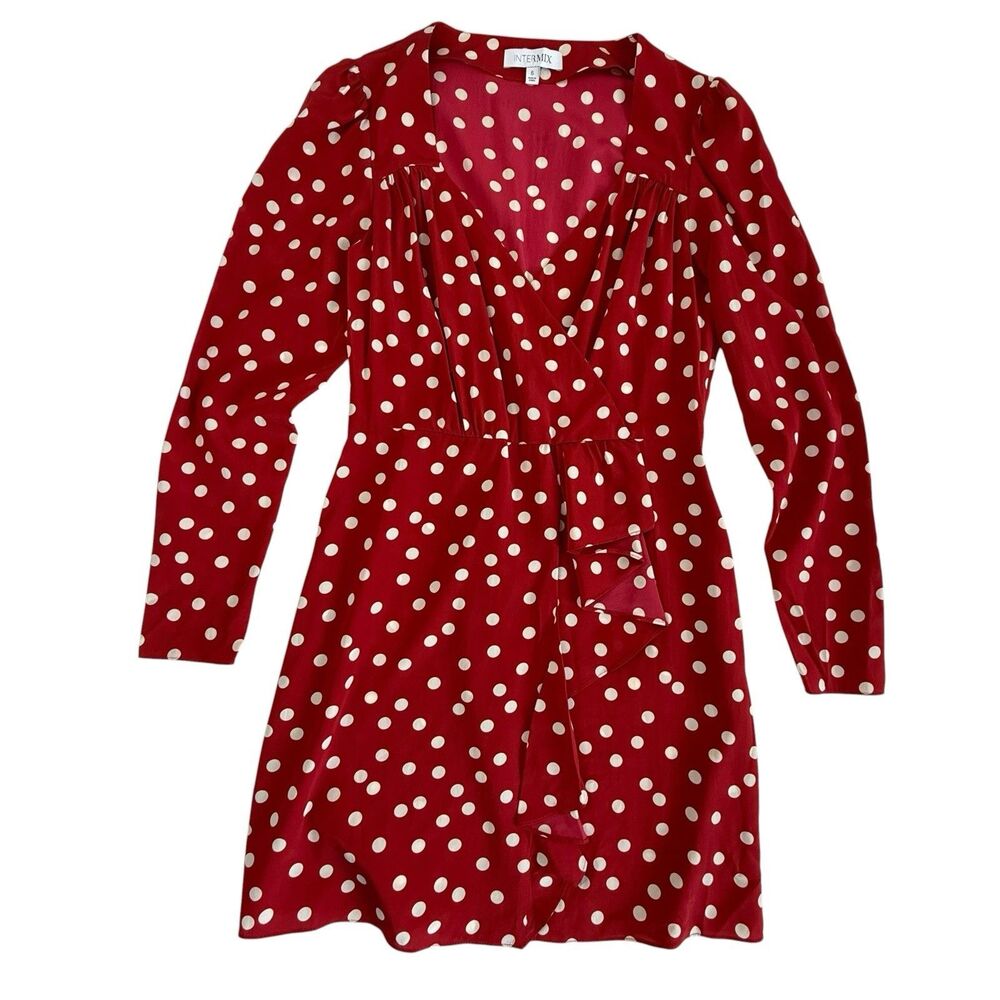 Intermix Polka Dot Wrap Mini Dress Women 6 Red Long Sleeve V-Neck Silk Blend